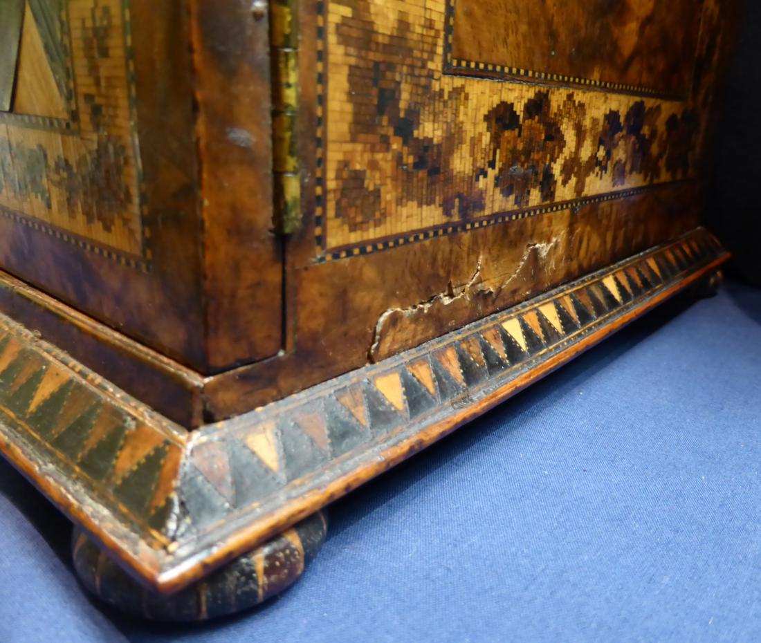 A 19th century Tunbridgeware table casket, the caddy top with a view of a castle over two - Image 16 of 17