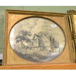 A Georgian oval picture on cotton depicting ''Cowley's House at Chertsey'', panel 30cm by 37cm (