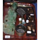 Two Chinese bronze smoothing irons with jade handles, fluorite figure of Guanyin with broken