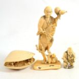 A Japanese ivory okimono, depicting a gentleman holding a fan and standing on one foot, ivory