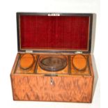 A satinwood tea caddy with liner, 29cm diameter  SPlit across top but generally good condition