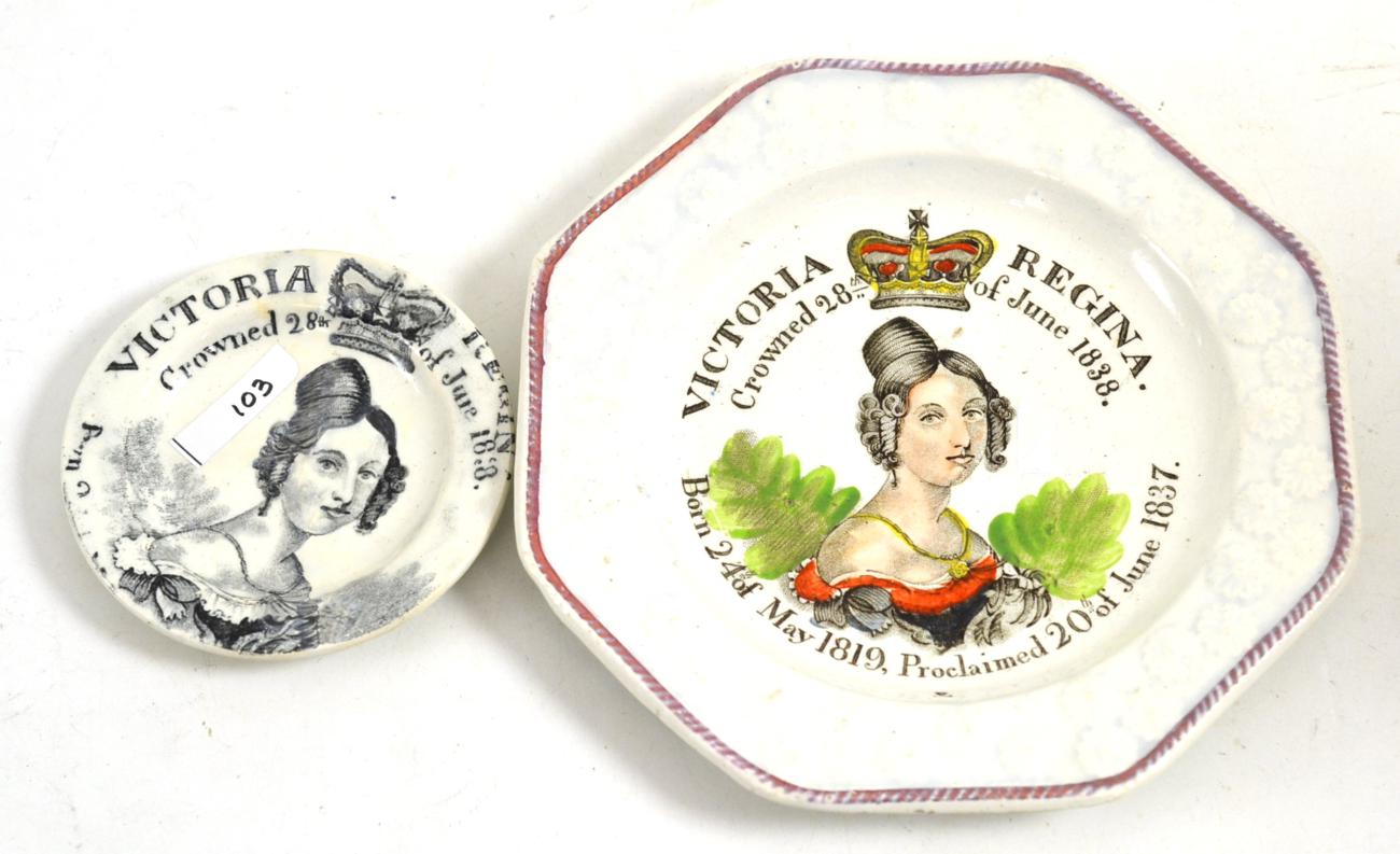 A Coronation commemorative Staffordshire pottery nursery plate printed and painted with a bust