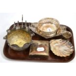 A silver dish set with a Georgian coin, a shell dish, pierced pedestal bowl, cigarette box, five-bar