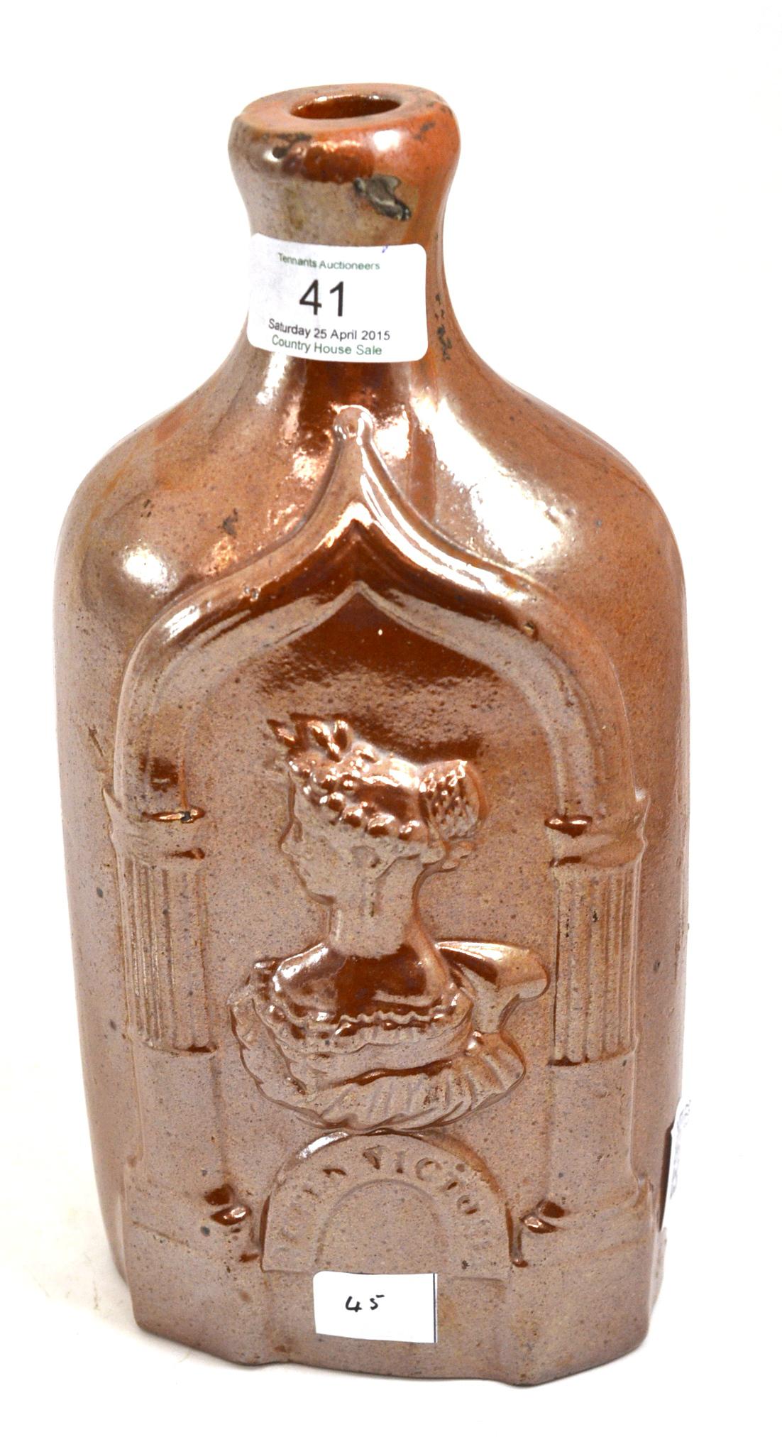 A brown salt glaze stoneware flask, circa 1837, moulded with bust portrait ''QUEEN VICTORIA &