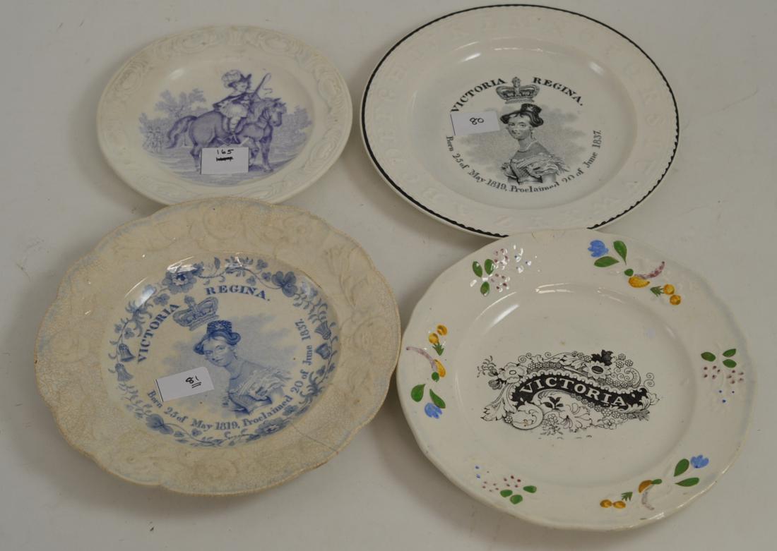 A Staffordshire pottery nursery plate, printed underglaze blue with ''VICTORIA REGINA Born 23rd