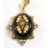 A Victorian mourning pendant, an oval sardonyx inset with an old cut diamond cluster with pearl