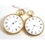 Two yellow metal cased fob watches, circa 1890, cylinder movements, enamel dials, engine turned