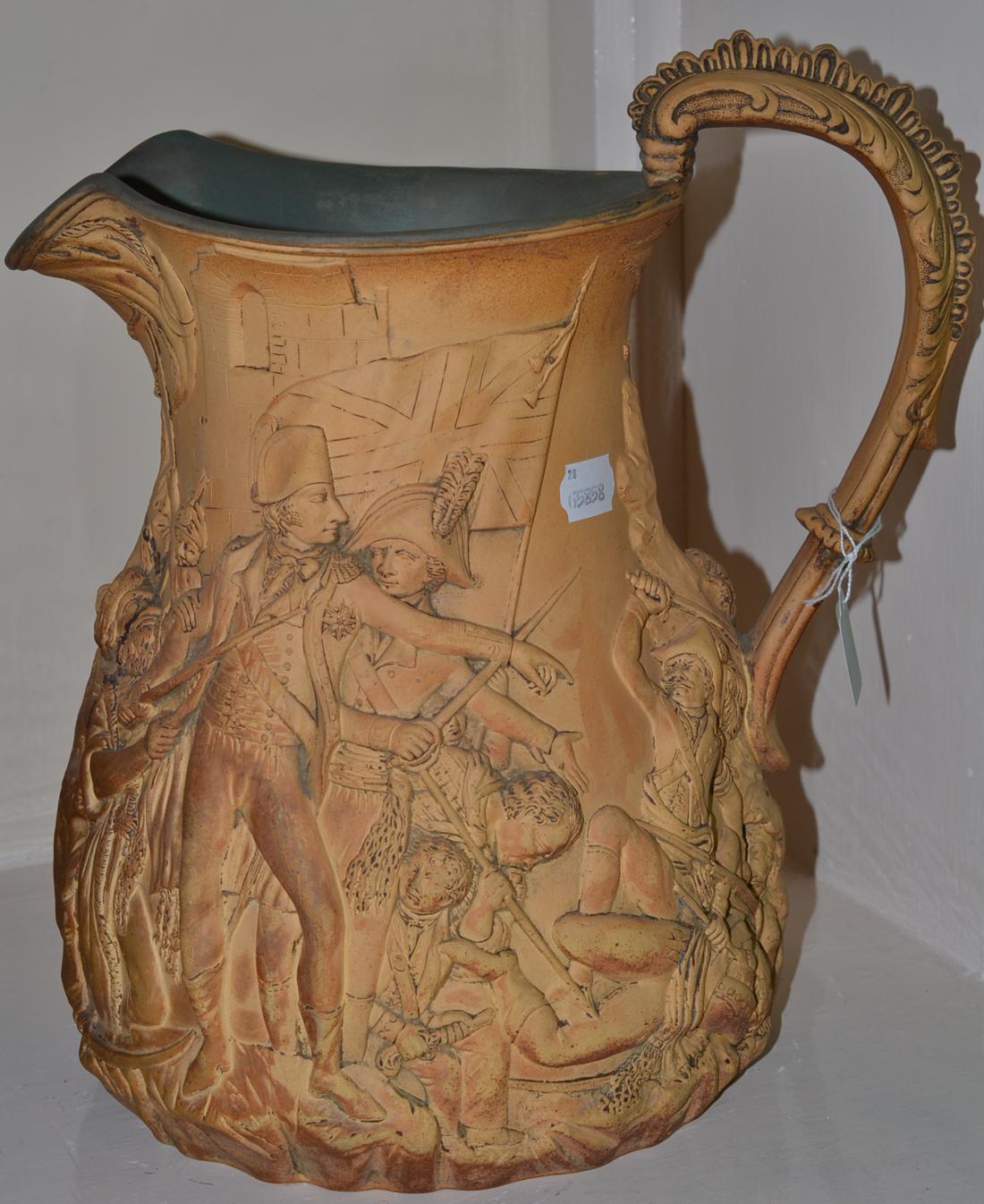 Victorian pottery large jug decorated with Siege of Seringapatam, after Allcock