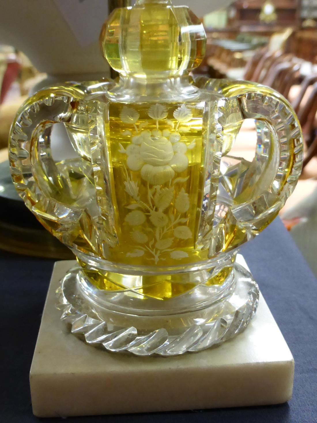 A Bohemian amber flashed scent bottle and stopper, circa 1880, modelled as a crown engraved with a - Image 6 of 13