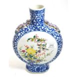 A Chinese porcelain moon flask, 19th century, painted with birds and branches on a blue scroll