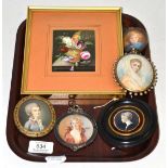 Five framed miniatures and a framed still life painted plaque