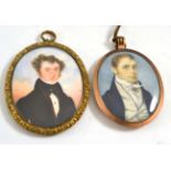Two oval portrait miniatures of gentlemen, in yellow metal frames