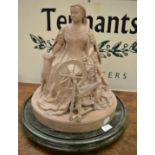 A terracotta figure of Queen Victorian, dated 1869, seated at a spinning wheel with a dog at her