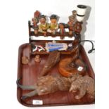 A tray including oak barley twist table lamp, a linden wood carving of a fox, a carving of a bear, a