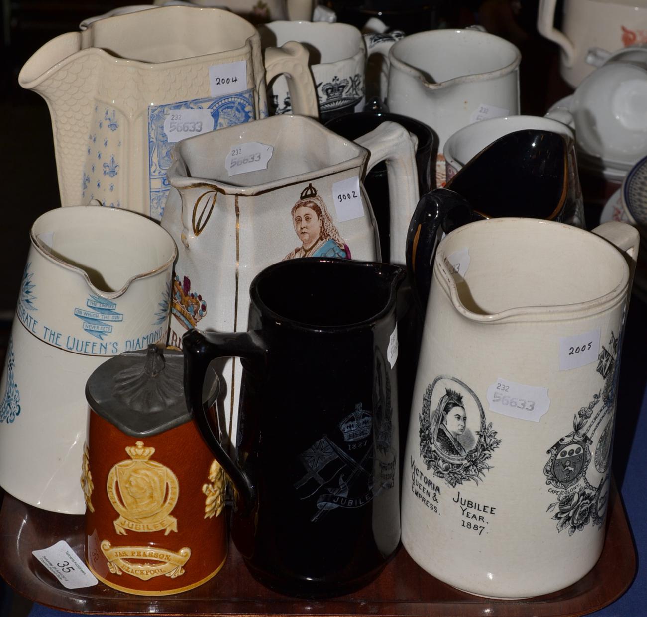 Six various Golden Jubilee commemorative Staffordshire pottery jugs, three Diamond Jubilee