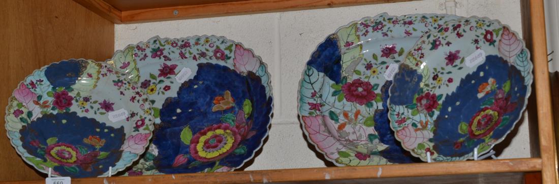 Pair of Chinese porcelain tobacco leaf pattern meat platters, 34.5cm wide; and a pair of matching