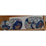 Pair of Chinese porcelain tobacco leaf pattern meat platters, 34.5cm wide; and a pair of matching