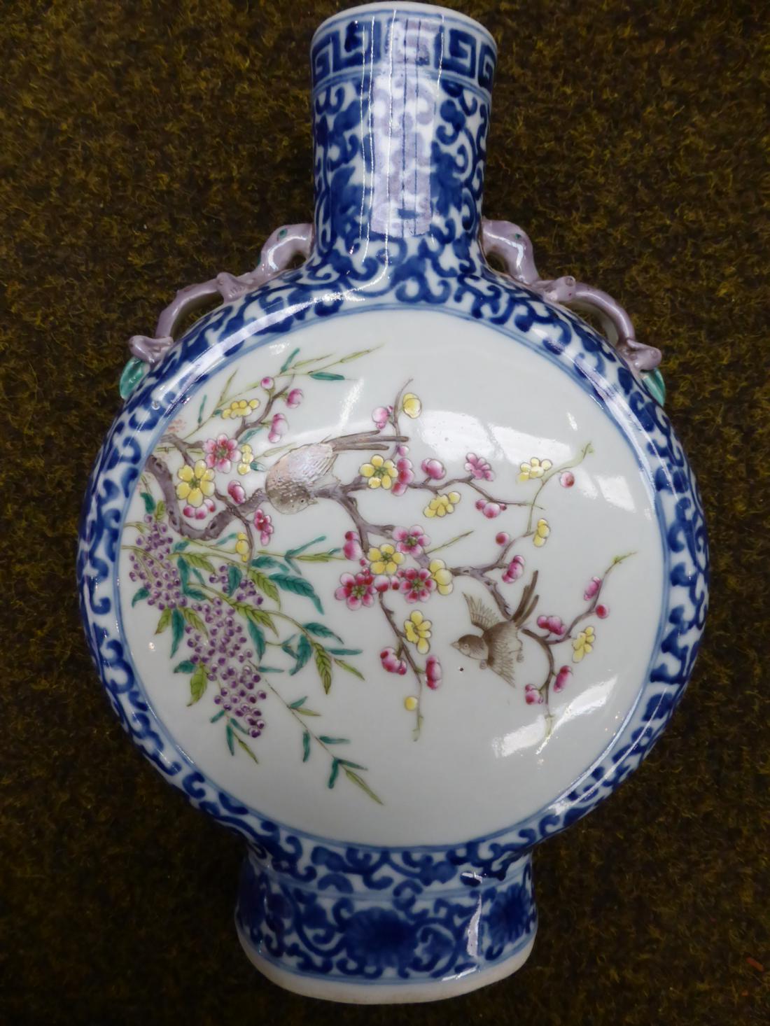 A Chinese porcelain moon flask, 19th century, painted with birds and branches on a blue scroll - Image 5 of 12