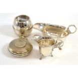 Silver milk jug, small cream jug, round lighter and a hip flask (4)