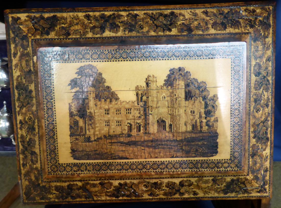 A 19th century Tunbridgeware table casket, the caddy top with a view of a castle over two - Image 2 of 17