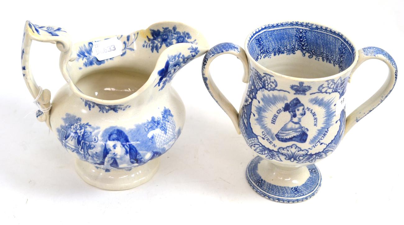 A Staffordshire pearlware loving cup, circa 1838, printed underglaze blue with ''HER GRACIOUS