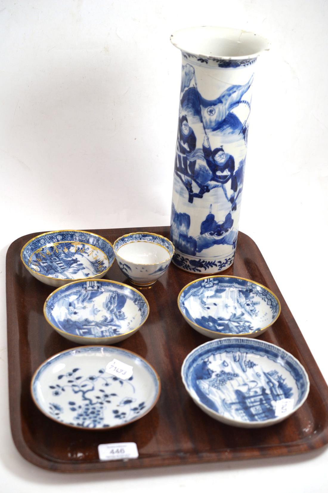 Five 18th century blue and white saucers, an 18th century tea bowl and an 18th century Chinese