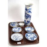 Five 18th century blue and white saucers, an 18th century tea bowl and an 18th century Chinese