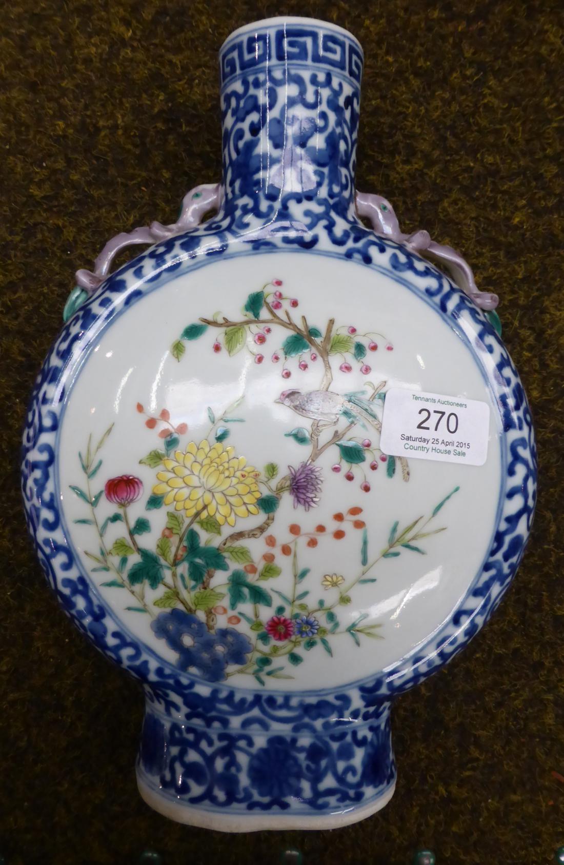A Chinese porcelain moon flask, 19th century, painted with birds and branches on a blue scroll - Image 2 of 12