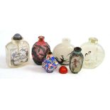 Four glass, one enamel and one pottery snuff bottles (6) Wear to decoration (some significant) but