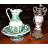 19th century ormolu Chinese vase lamp, height 50cm and Copeland green pottery jug and bowl (3)
