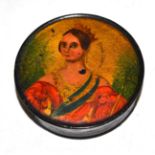 A lacquer circular box and cover, circa 1840, printed and over painted with a bust portrait of Queen