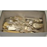 Victorian silver flatware, six table forks, six dessert forks, six spoons, twelve steel knives and