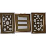 Three panels of plaster medallions and plaques in velvet frames