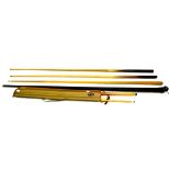 Three Vintage Snooker Cues, in tin carry cases, together with a two piece cue, in soft case (4)