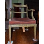 Regency painted open armchair with velvet squab