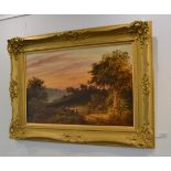 Manner of J Constable (19th century) Figures and horses travelling through a wooded landscape at