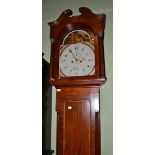 A mahogany eight day longcase clock, swan neck pediment, 14-inch painted arched dial, seconds and