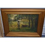 James G. Faulds (fl1896-1938) Figures working in a sunlit glade, signed, oil on canvas, 29.5cm by