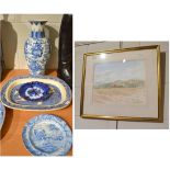 A 20th century Chinese blue and white vase; two Victorian blue and white meat plates; two