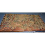 Aubusson tapestry depicting a hunting scene with stag and dogs (top has been cut off), signed to the