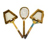 Three Vintage Tennis Rackets, including Wisdens and County, two with presses