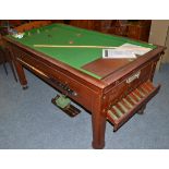 Bar billiards table with skittles, balls, cues, scoreboard and timer