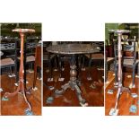 Victorian papier-mâché and mother-of-pearl tripod table and two mahogany torcheres