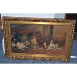 Frank Cassell (19th century), Terriers and a spaniel beside a barrel in a farmyard, signed, oil on