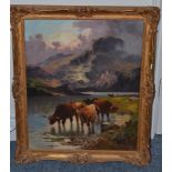 C W Oswald (19th/20th century) Highland cattle in a landscape, oil on canvas, 59cm by 48cm
