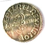 Aethelred II, Silver Penny, London Mint, Long Cross type; obv. AETHELRAED REX ANGLOX around bare-
