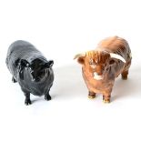 Beswick Cattle: Aberdeen Angus Bull, model No. 1562 and Highland Bull, model No. 2008 (2)