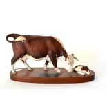 Beswick Connoisseur Hereford Cow and Calf, model No. A2667/2669, satin matt, on wood plinth,