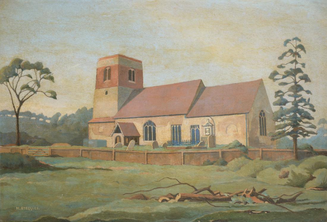 Harold Steggles (1911-1971)  ''Badley Church, Suffolk'' Signed, signed and inscribed verso, oil on