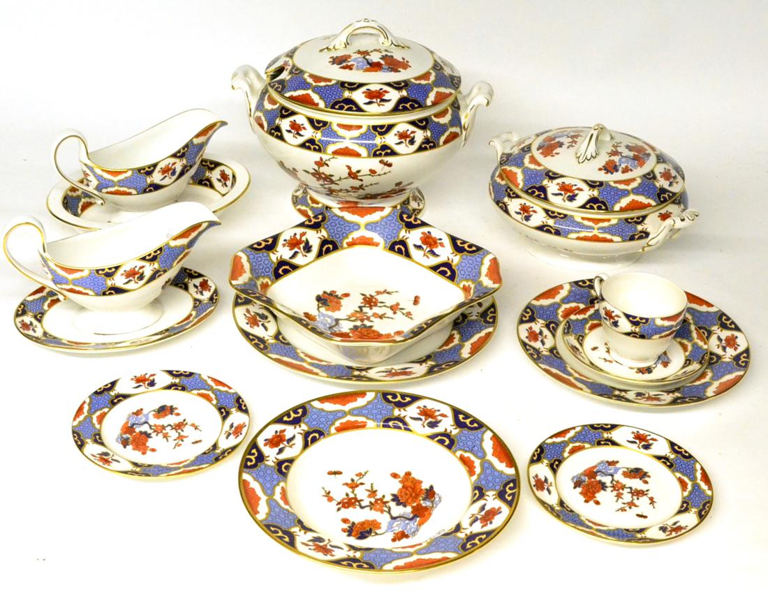 A Spode China Dinner Service, modern, decorated with an Imari design, comprising two soup tureens